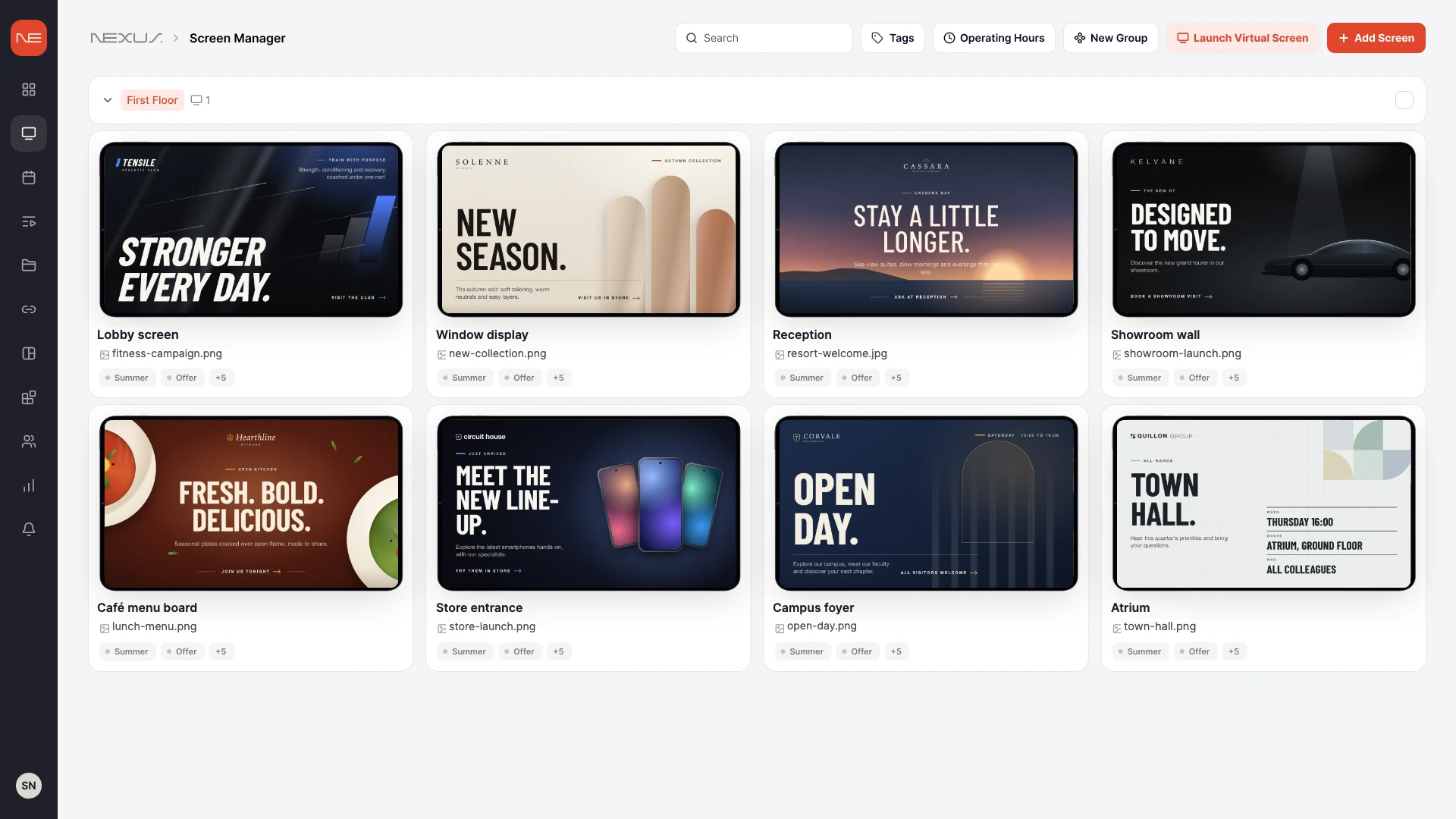 Screen Manager: every screen and what it is playing (Nexus Signage design)