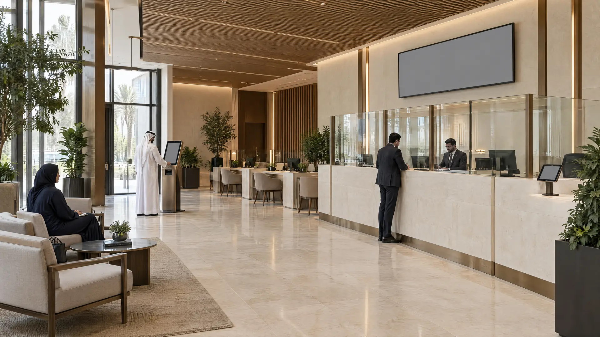 Bank branch hall with limestone floors and timber ceiling; a customer takes a ticket at a kiosk while a teller serves another at the counter