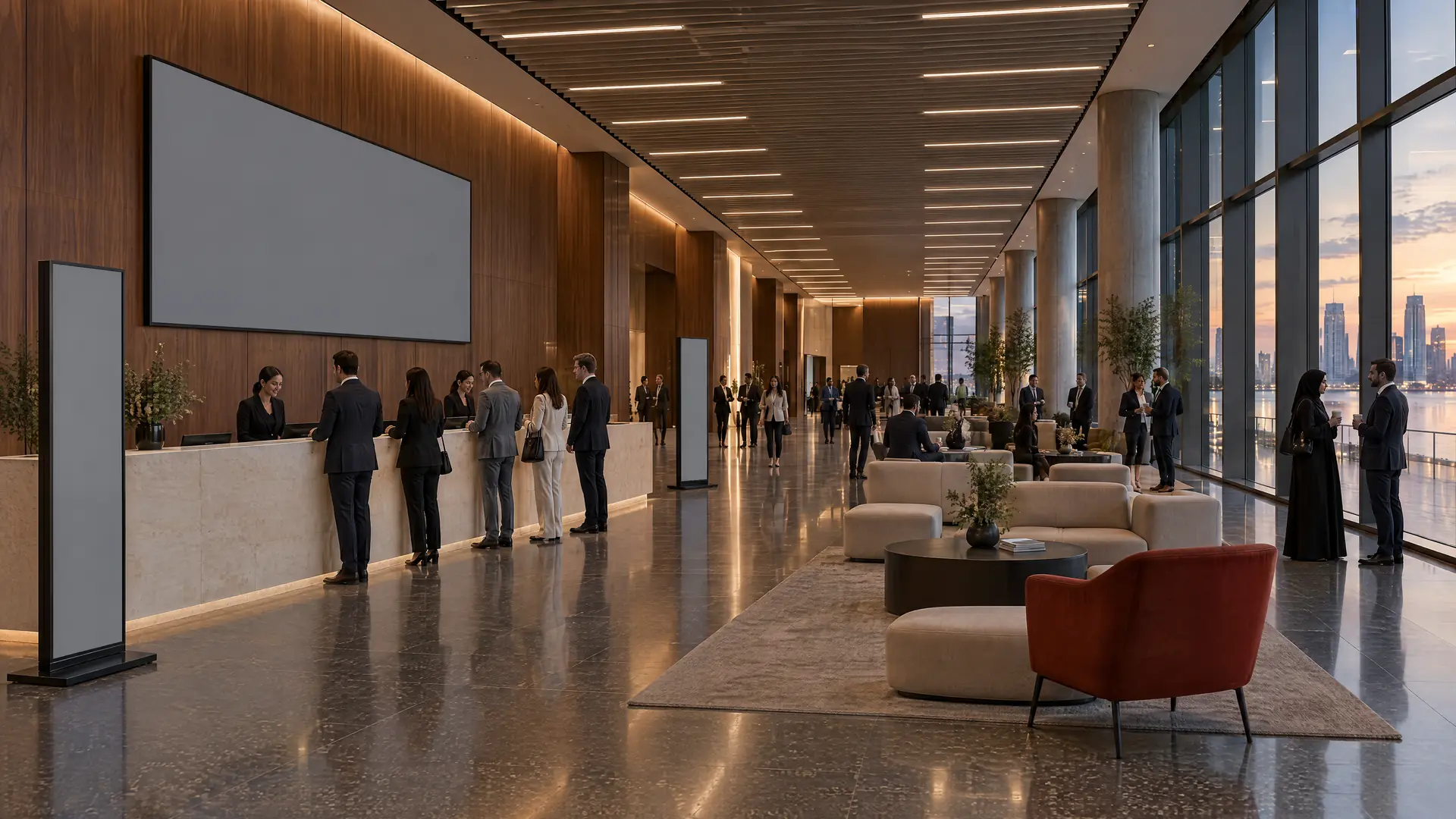 Convention centre foyer at dusk; attendees register at a long stone desk beside a large display and portrait wayfinding screens