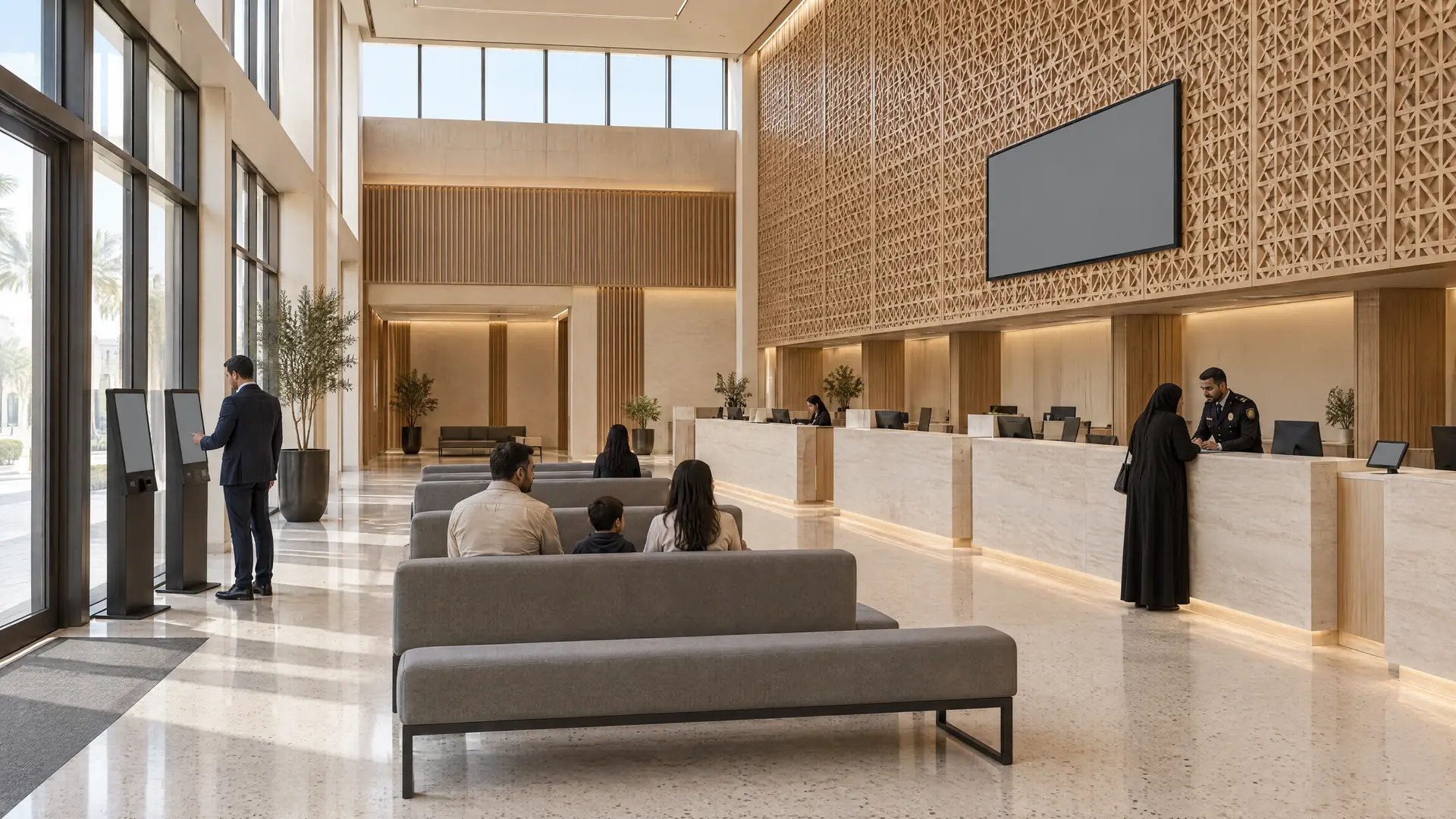 Civic service centre with a timber lattice wall; a family waits on benches while an officer helps a visitor at the counter
