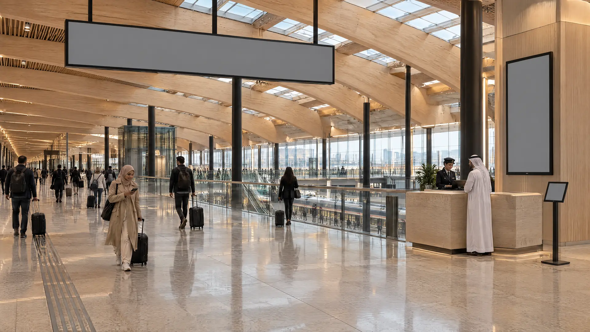 Rail concourse under a timber and steel roof; travellers walk past a suspended display while a station officer helps a passenger