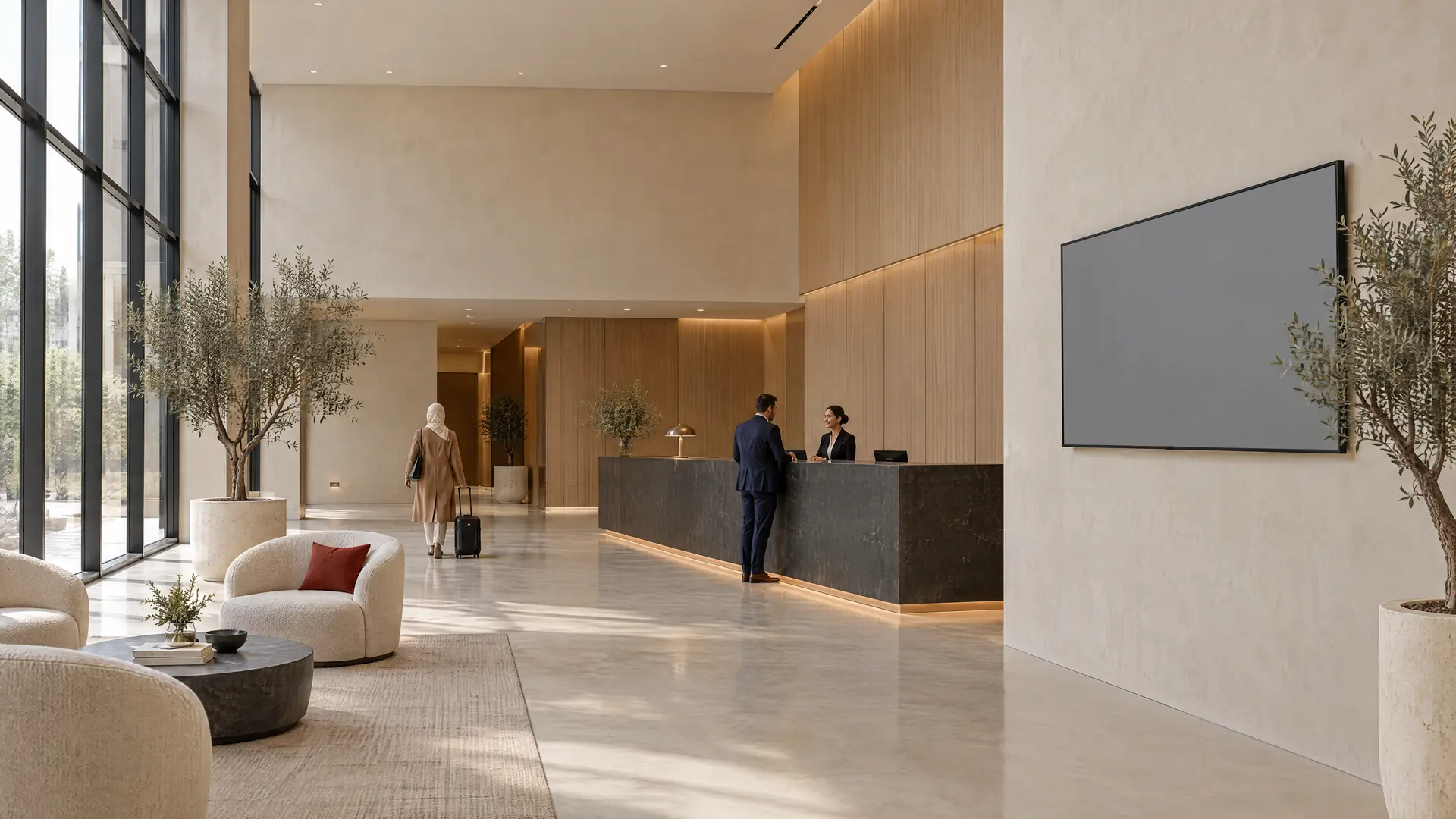 Calm double-height reception lobby with oak panelling, a black stone reception desk and a wall display; a guest walks in as a visitor checks in