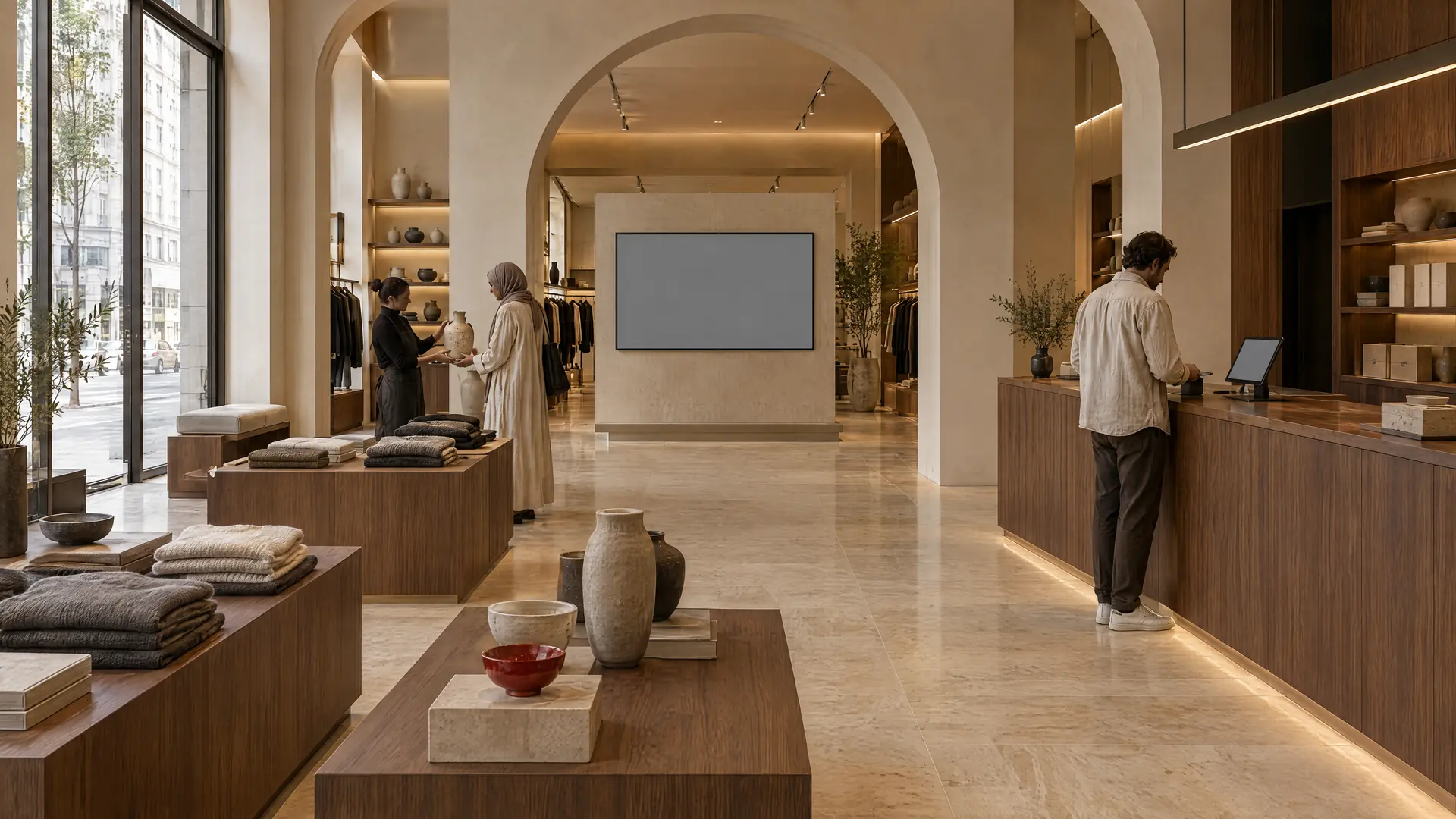 Flagship store with travertine floors and plaster arches; an associate helps a customer choose a vase while another customer pays at the counter
