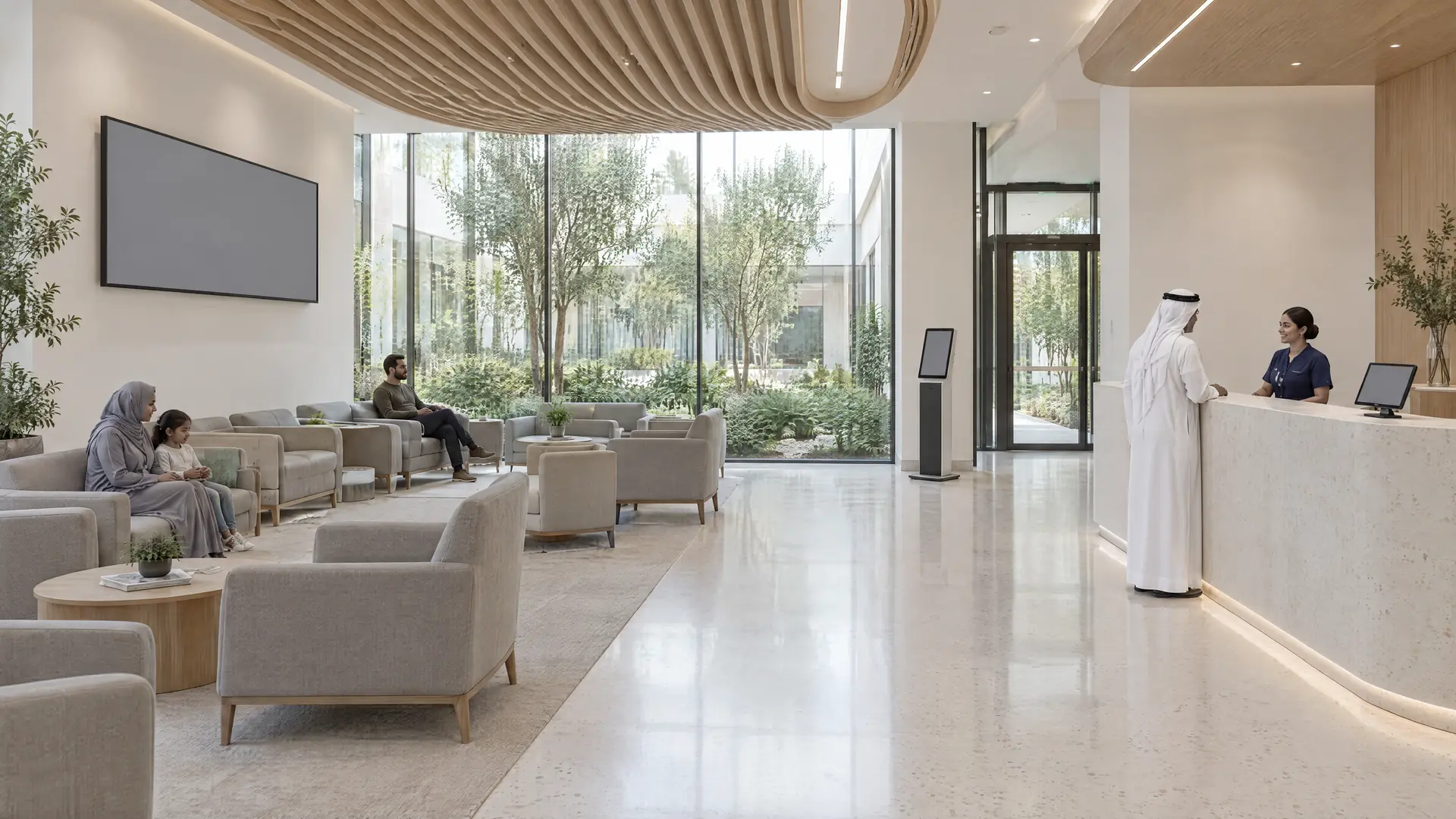 Calm clinic waiting hall facing a planted courtyard; a receptionist greets a visitor while others wait