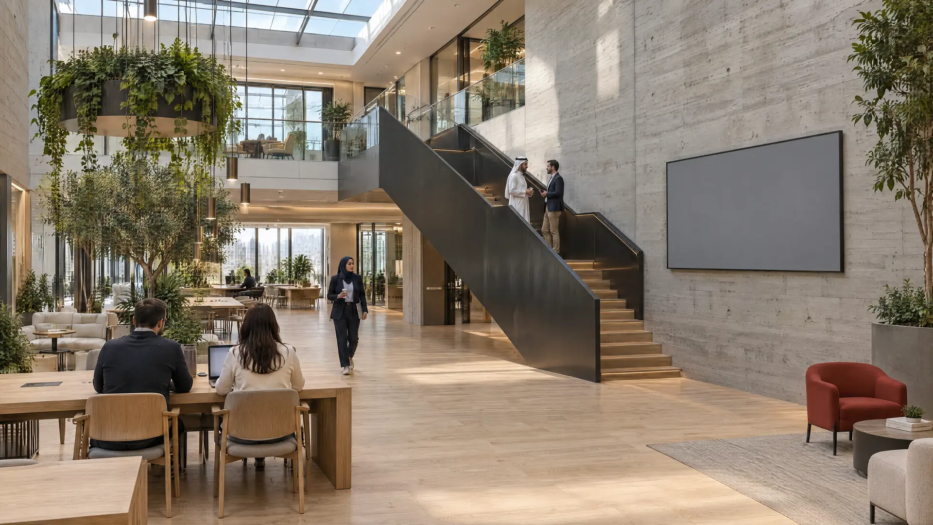 Headquarters atrium with a black steel staircase, concrete walls and a wall display; colleagues talk and work